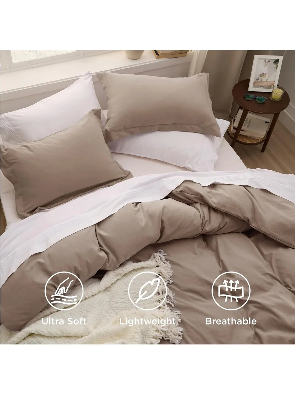 NEW Bedsure Prewashed Duvet Cover King, Cotton-Like Soft Bedding Set, Khaki